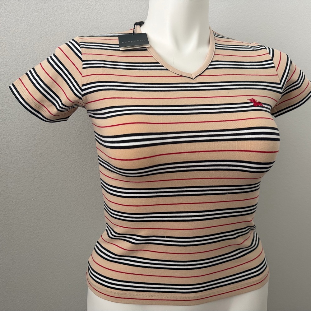 Burberry Beige Striped Short Sleeve Tee with Black, White & Red Stripes
